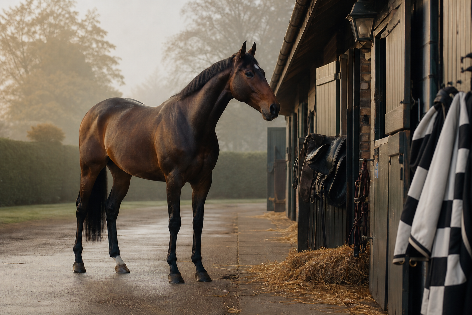 A bay racehorse standing calmly in a misty racing stable yard
